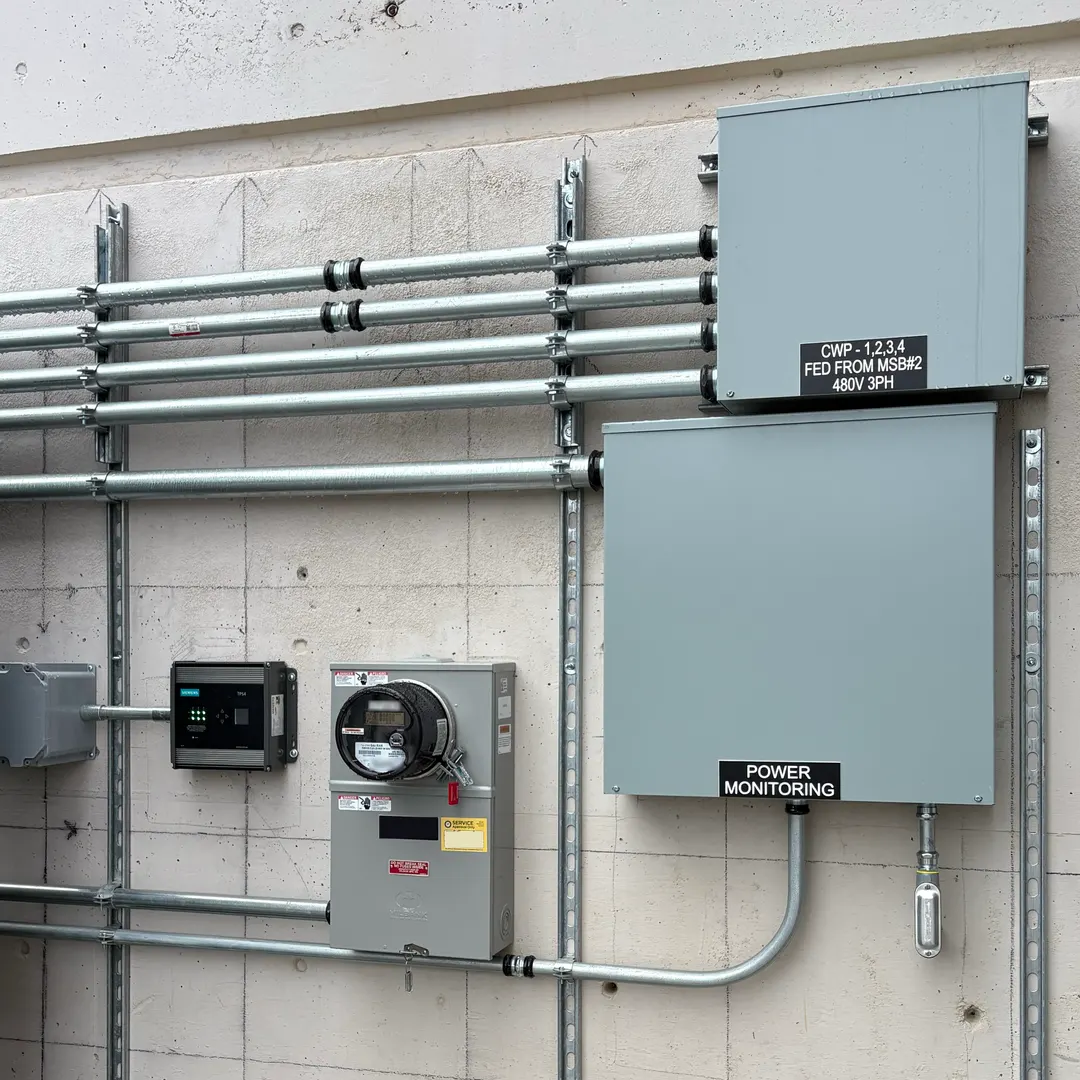 A commercial electrical service on a concrete wall: conduit runs on metal strut, a meter base and two large grey enclosures